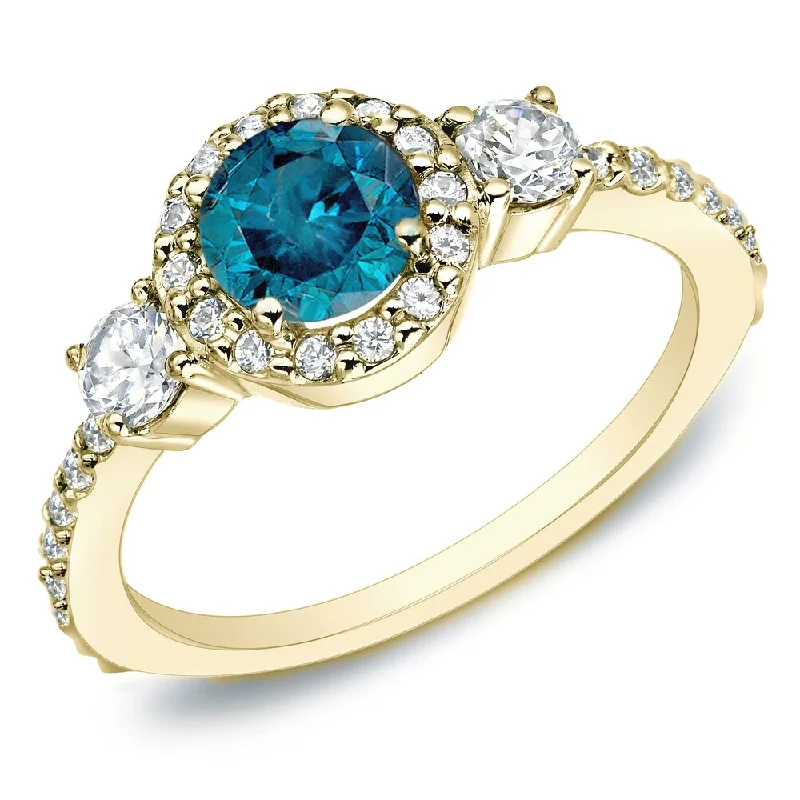 Auriya 1 1/4ctw 3-Stone Halo Blue Diamond Engagement Ring 14k Gold