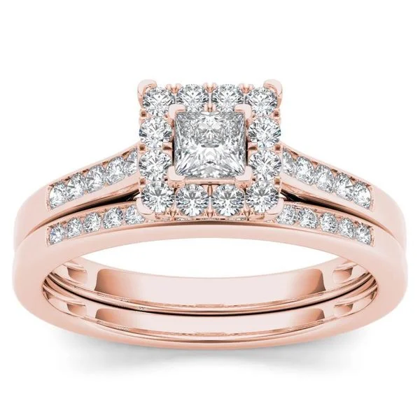 De Couer 10k Rose Gold 1/2ct TDW Diamond Halo Engagement Ring Set with One Band - Pink