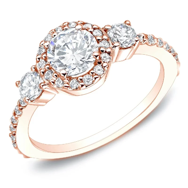 Auriya 14k Rose Gold 3/4ctw Round 3-Stone Diamond Halo Engagement Ring (G-H, I1-I2)