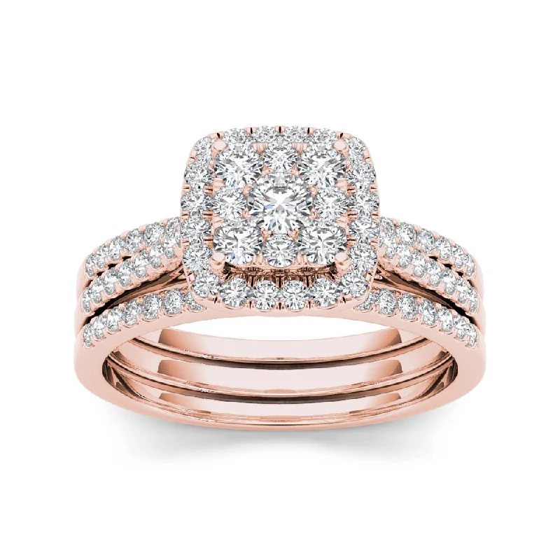 De Couer IGI Certified 10k Rose Gold 1ct TDW Diamond Cluster Engagement Ring Set with Two Bands - Pink