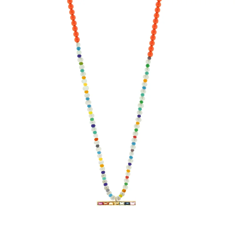 Rainbow Sapphire Baguette ID Bar on Beaded Necklace