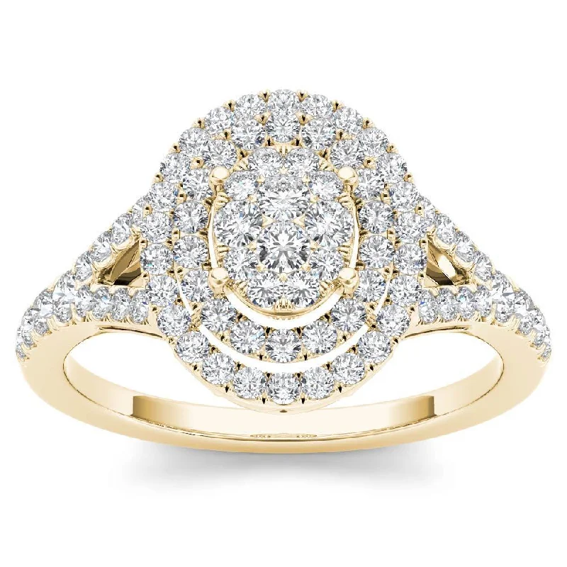 De Couer 14k Yellow Gold 1/2ct TDW Diamond Cluster Double Frame Engagement Ring