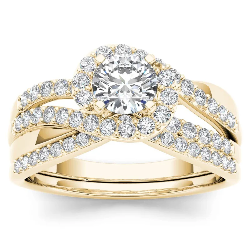 De Couer 14k Yellow Gold 1ct TDW Diamond Bypass Halo Engagement Ring Set with One Band