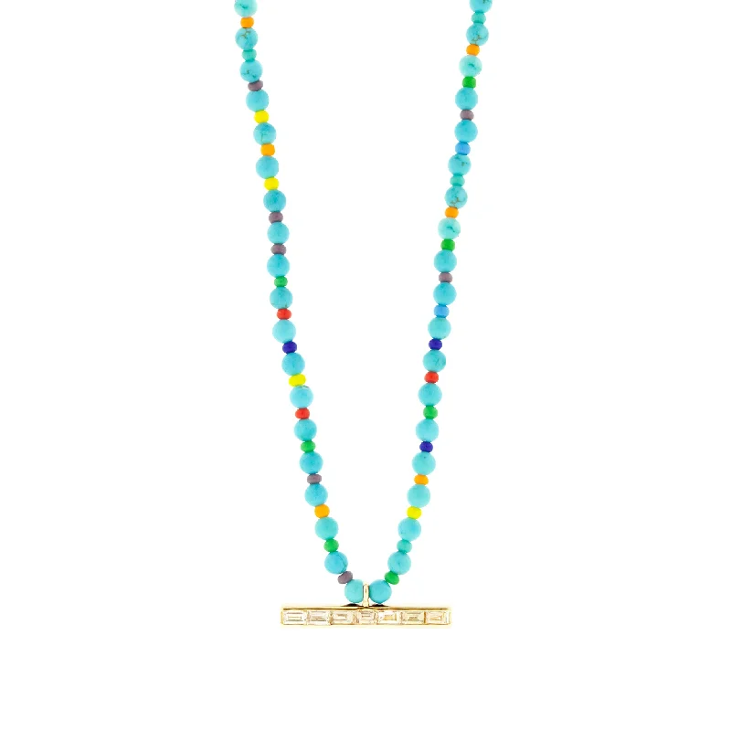 TLC Diamond Baguette ID Bar on Turquoise Beaded Necklace