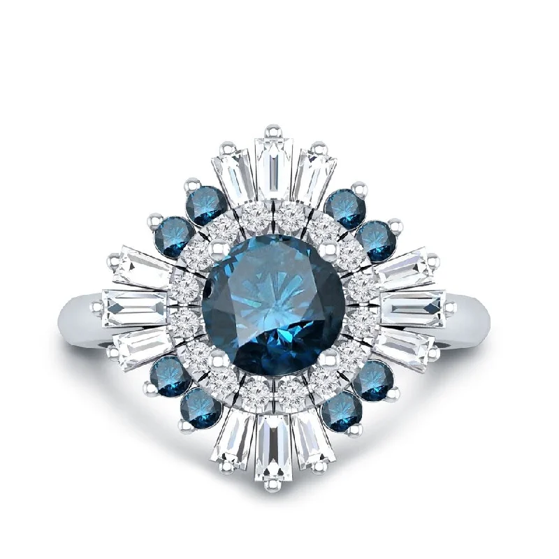 Auriya Vintage Ballerina 1 1/2ctw Baguette Halo Blue Diamond Engagement Ring 14k Gold (G-H, VS2-SI1)