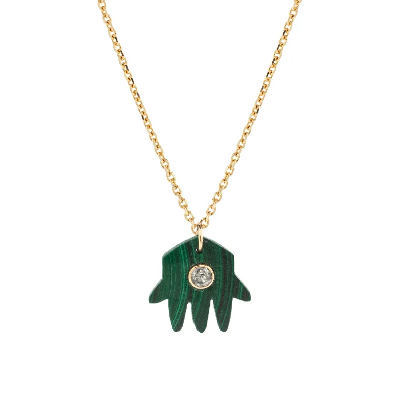 Malachite Hand and White Diamond Pendant Necklace