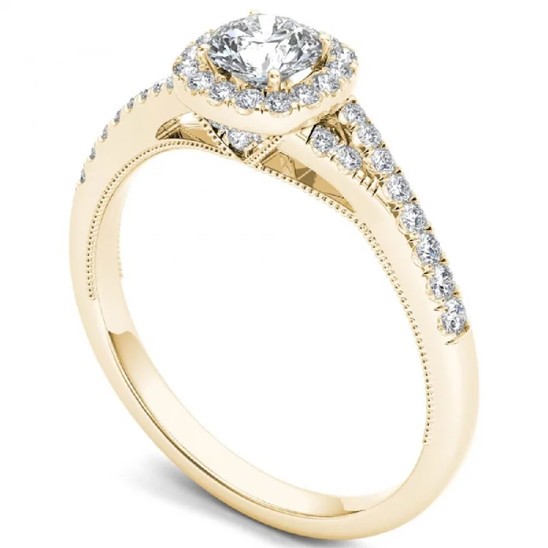 De Couer IGI Certified 14k Yellow Gold 5/8ct TDW Diamond Halo Engagement Ring