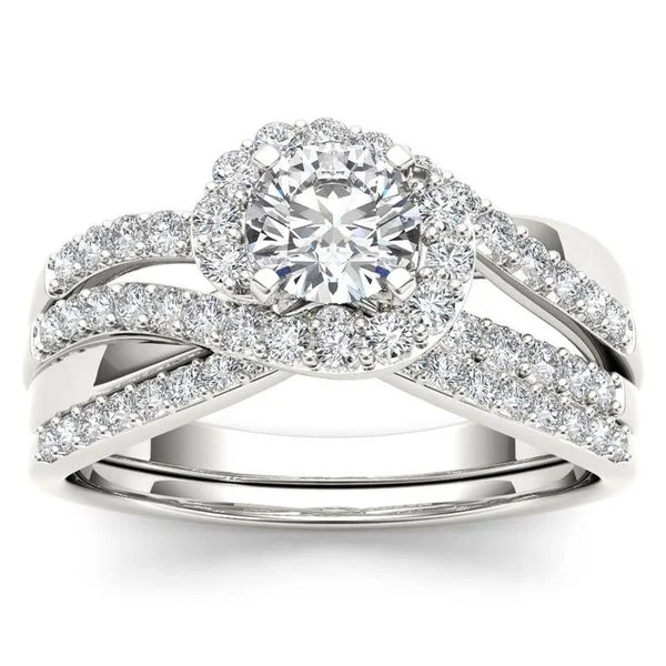 De Couer 14k White Gold 1ct TDW Diamond Bypass Halo Engagement Ring Set with One Band