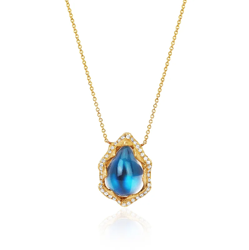 18k Queen Water Drop Blue Sheen Moonstone Necklace with Full Pavé Halo