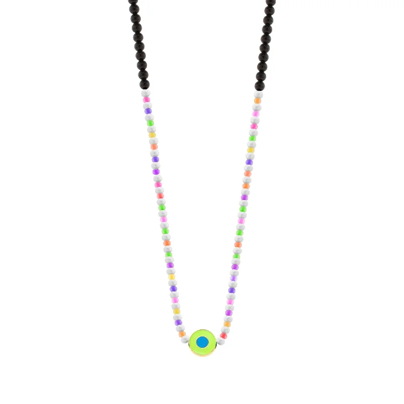 Enameled Neon Yellow Evil Eye Disk on Beaded Necklace