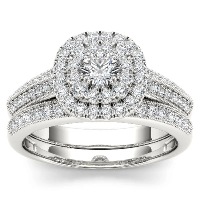 De Couer 10k White Gold 7/8ct TDW Diamond Double Halo Engagement Ring Set with One Band - White H-I