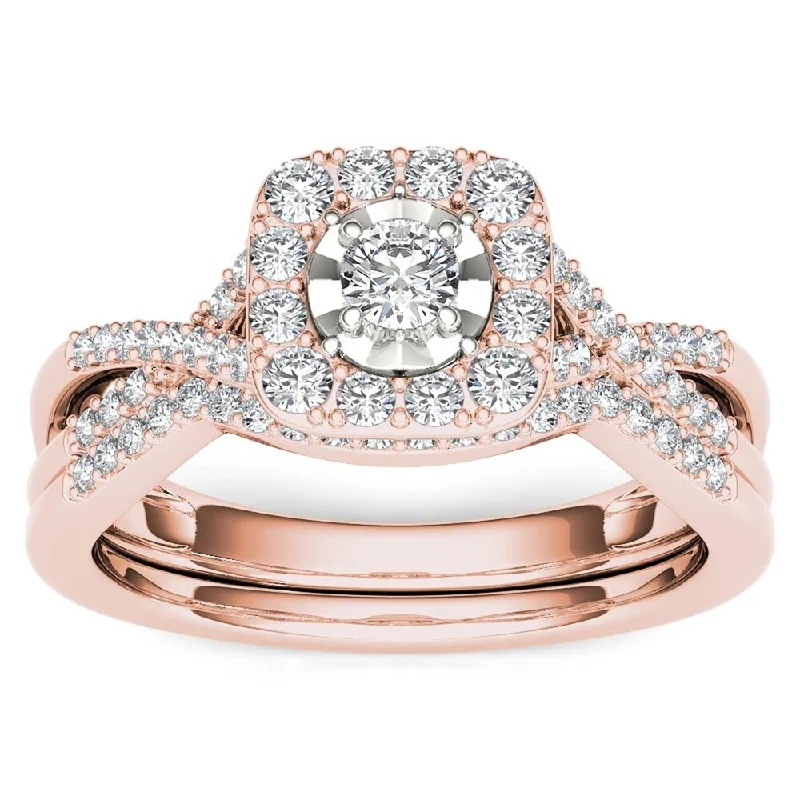 De Couer 10k Rose Gold 2/5ct TDW Diamond Halo Engagement Ring Set with One Band - Pink