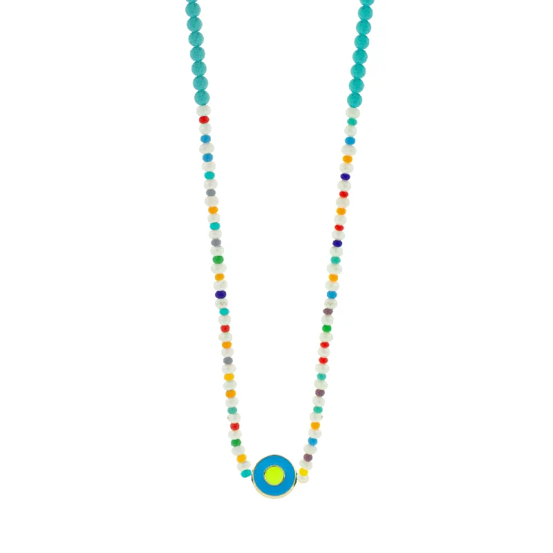 Enameled Neon Blue Evil Eye Disk on Beaded Necklace