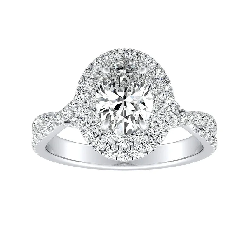 Twisted Oval Shape 3/4ctw Double Halo Diamond Engagement Ring 18k Gold by Auriya (I-J, I1-I2)