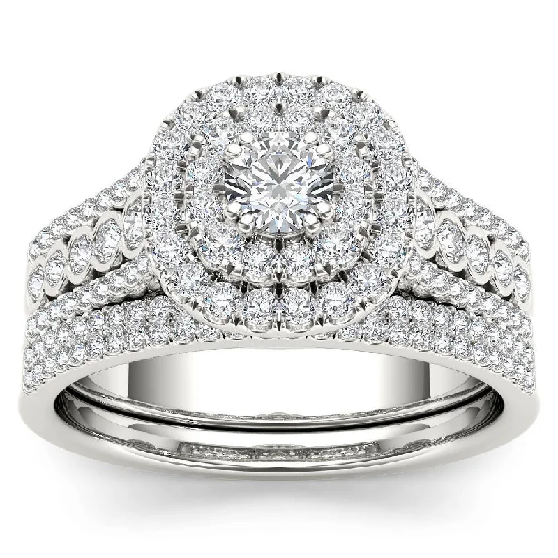 De Couer IGI Certified 10k White Gold 1ct TDW Diamond Double Halo Engagement Ring Set with One Band