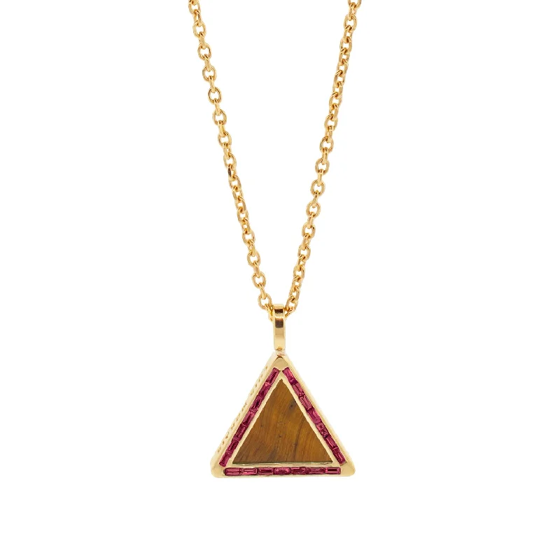 Triangle Tiger's Eye Pendant Necklace with Ruby Baguettes