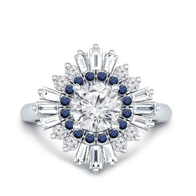 Auriya Vintage Ballerina 3/4ct Moissanite Blue Sapphire and Halo Diamond Engagement Ring 14k Gold (G-H, I1-I2)