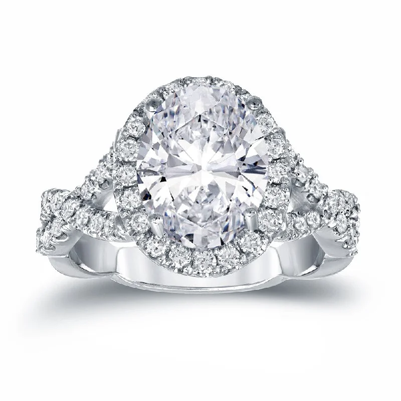 Auriya Platinum 3 1/8ct TDW Twisted Double Shank Certified Oval-Cut Diamond Halo Engagement Ring (H-I, SI1-SI2)