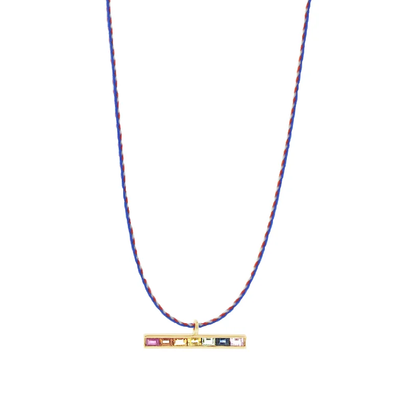 Rainbow Sapphire Baguette ID Bar on Cord Necklace