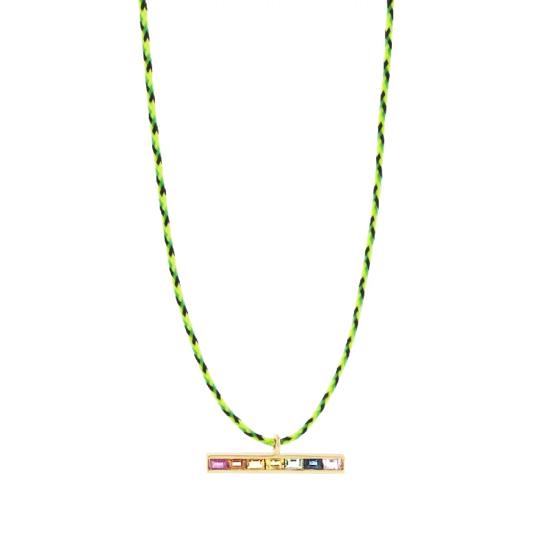 Rainbow Sapphire Baguette ID Bar on Green Cord Necklace