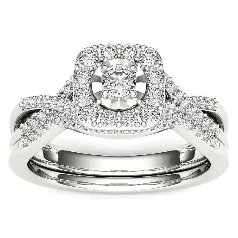 De Couer 10k White Gold 2/5ct TDW Diamond Halo Engagement Ring Set with One Band