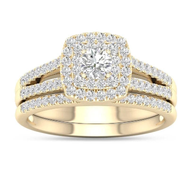 De Couer IGI Certified 10k Yellow Gold 3/4ct TDW Diamond Cluster Engagement Ring Set with One Band