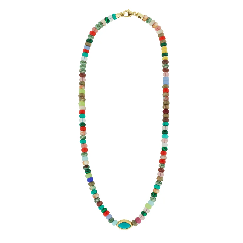 Turquoise Eye of the Idol on Multi Gemstone Beaded Necklace