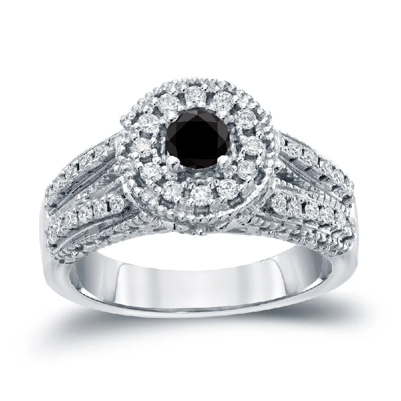 14k Gold Round 3/4ct TDW Black Diamond with Halo Engagement Ring by Auriya (H-I, I1-I2)