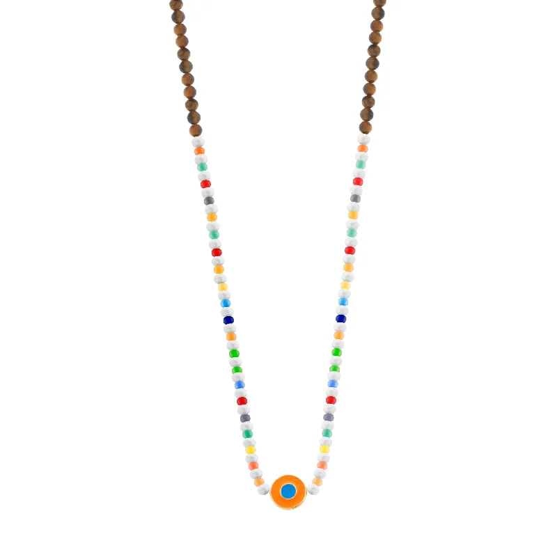 Enameled Neon Orange Evil Eye Disk on Beaded Necklace