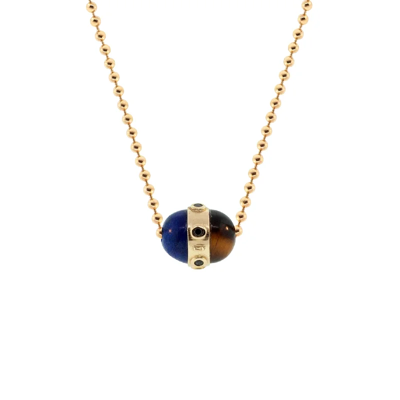 Lapis/Tiger's Eye Pendant With Black Diamonds On A Gold Ball Chain Necklace