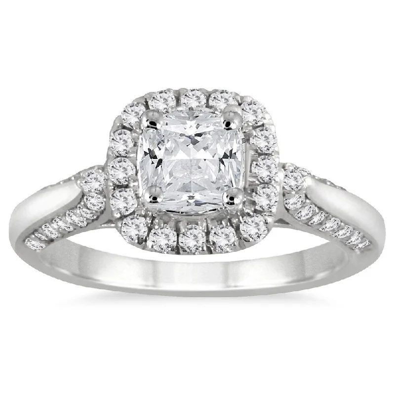 1 1/4 Carat TW Cushion Cut Diamond Halo Engagement Ring in 14K White Gold