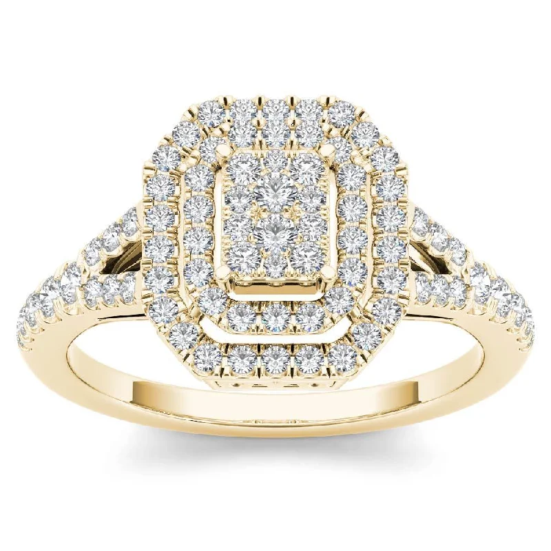 De Couer 10k Yellow Gold 1/2ct TDW Diamond Cluster Double Frame Engagement Ring