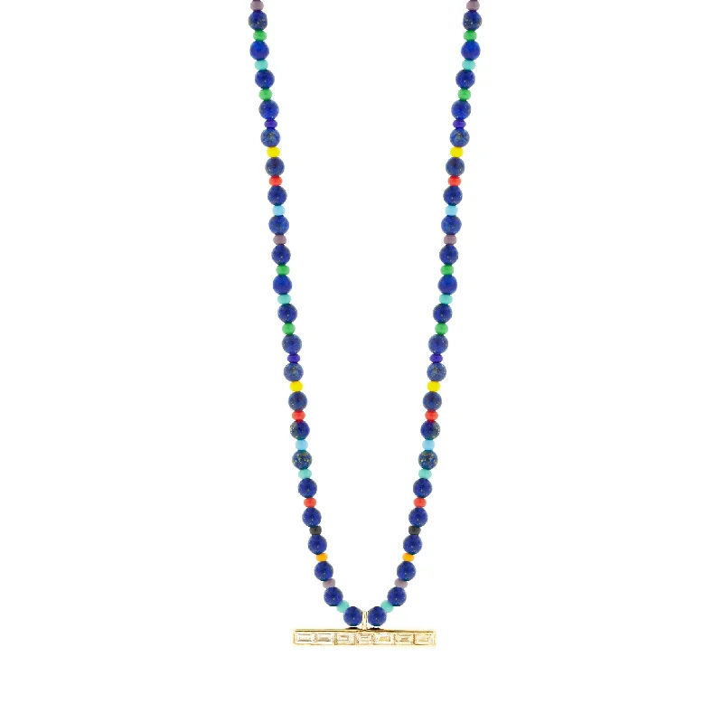 TLC Diamond Baguette ID Bar on Lapis Beaded Necklace