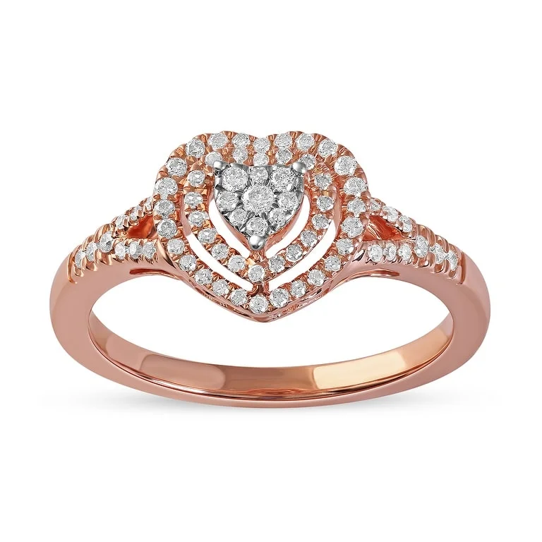 De Couer 1/4ct TDW Diamond Cluster Heart Shape Engagement Ring in 10k Rose Gold - Pink