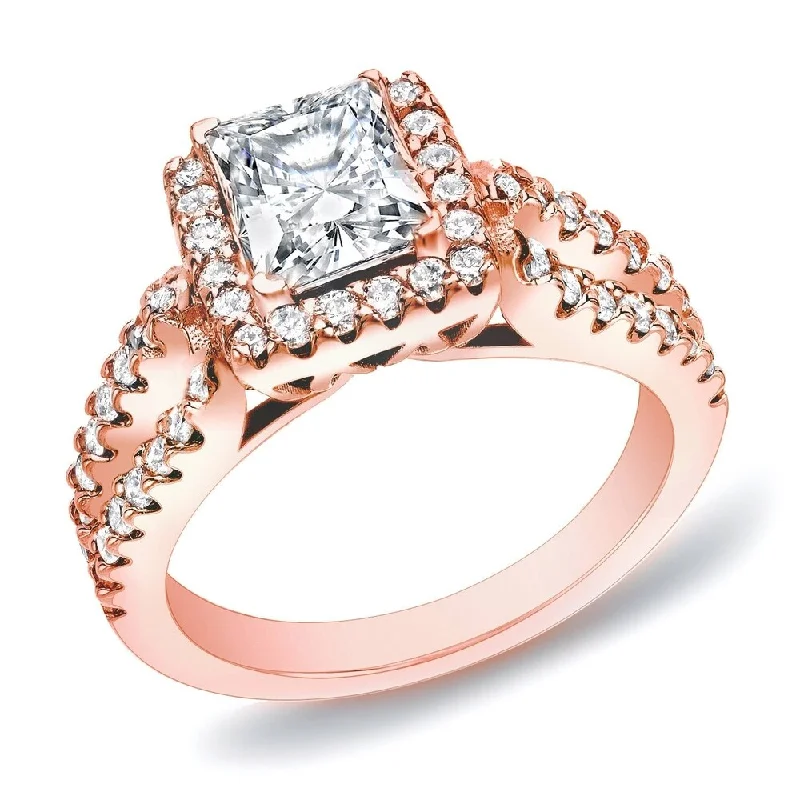 Auriya 14k Rose Gold 1 3/4ctw Princess-cut Halo Diamond Engagement Ring (H-I, SI1-SI2)