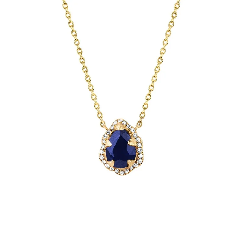 Micro Queen Water Drop Blue Sapphire Necklace with Pavé Diamond Halo