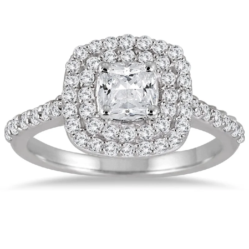 1 3/8 Carat Cushion Diamond Double Halo Engagement Ring in 14K White Gold