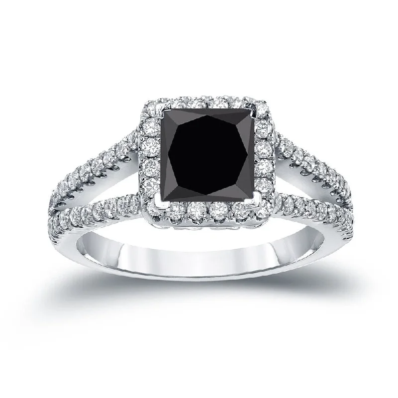 Auriya 14k Gold 1 1/4ctw Princess-cut Halo Black Diamond Engagement Ring H-I, SI2-SI3