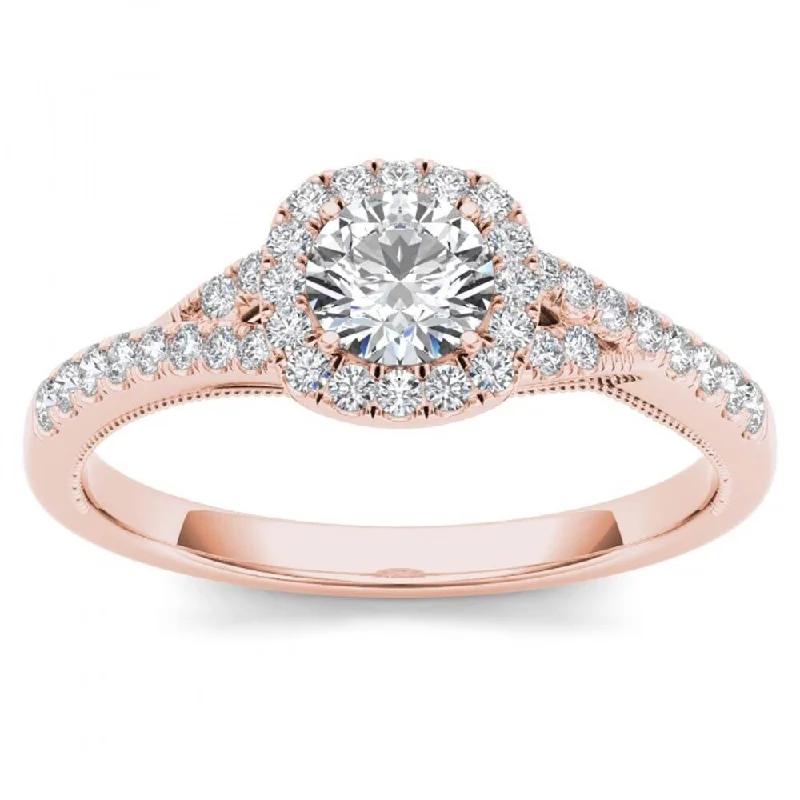 De Couer IGI Certified 14k Rose Gold 5/8ct TDW Diamond Halo Engagement Ring - Pink