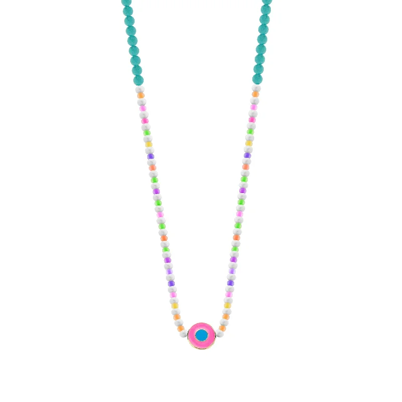 Enameled Neon Pink Evil Eye Disk on Beaded Necklace