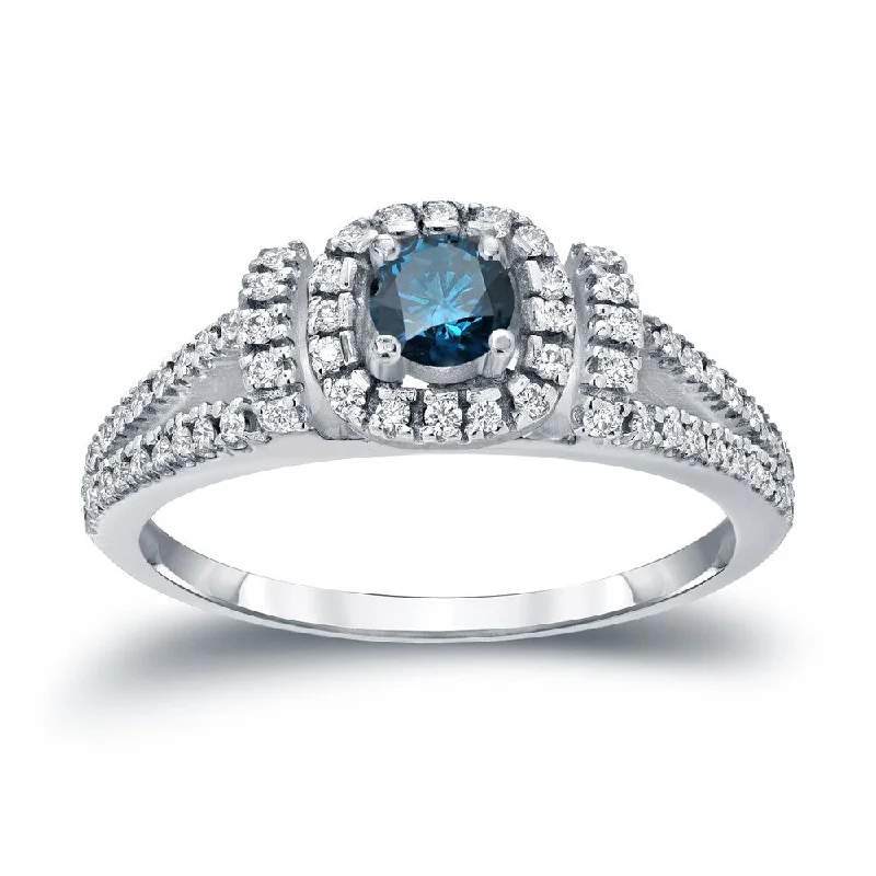 14k Gold Round 1/2ct TDW Split Shank Blue Diamond Halo Engagement Ring by Auriya (H-I, I1-I2)