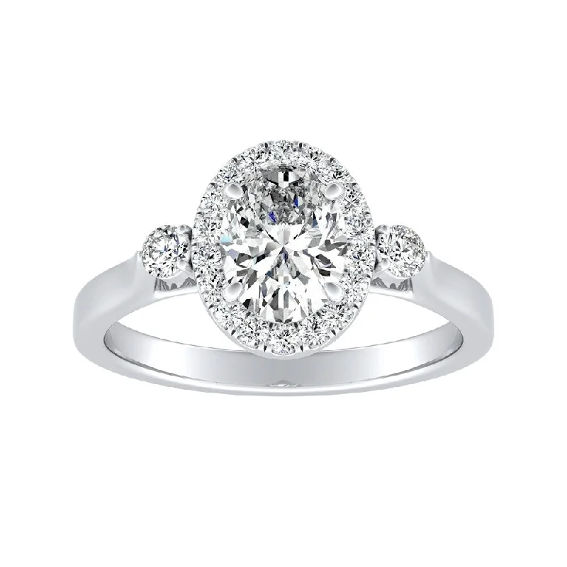 3-stone Halo Oval Diamond Engagement Ring 1ctw 18k Gold by Auriya (I-J, I1-I2)