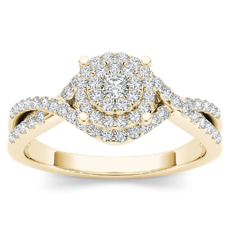 De Couer IGI Certified 10k Yellow Gold 1/2ct TDW Diamond Double Halo Engagement Ring