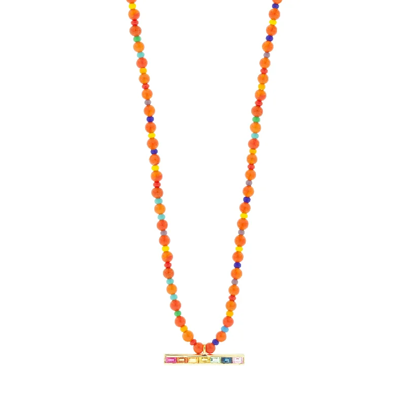 Rainbow Sapphire Baguette ID Bar on Carnelian Beaded Necklace