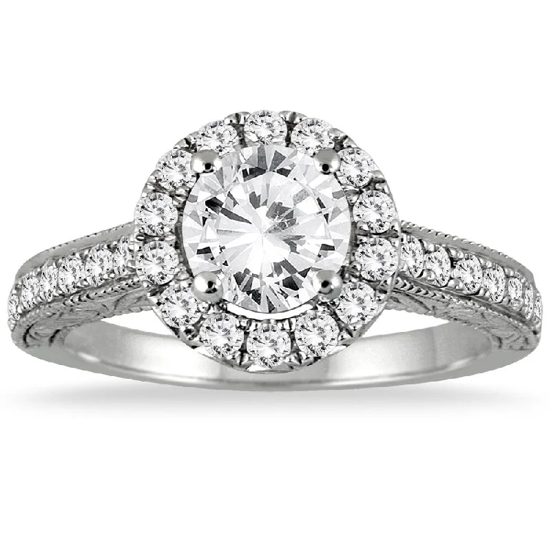 AGS Certified 1 1/2 Carat TW Halo Diamond Engagement Ring in 14K White Gold (J-K Color, I2-I3 Clarity)