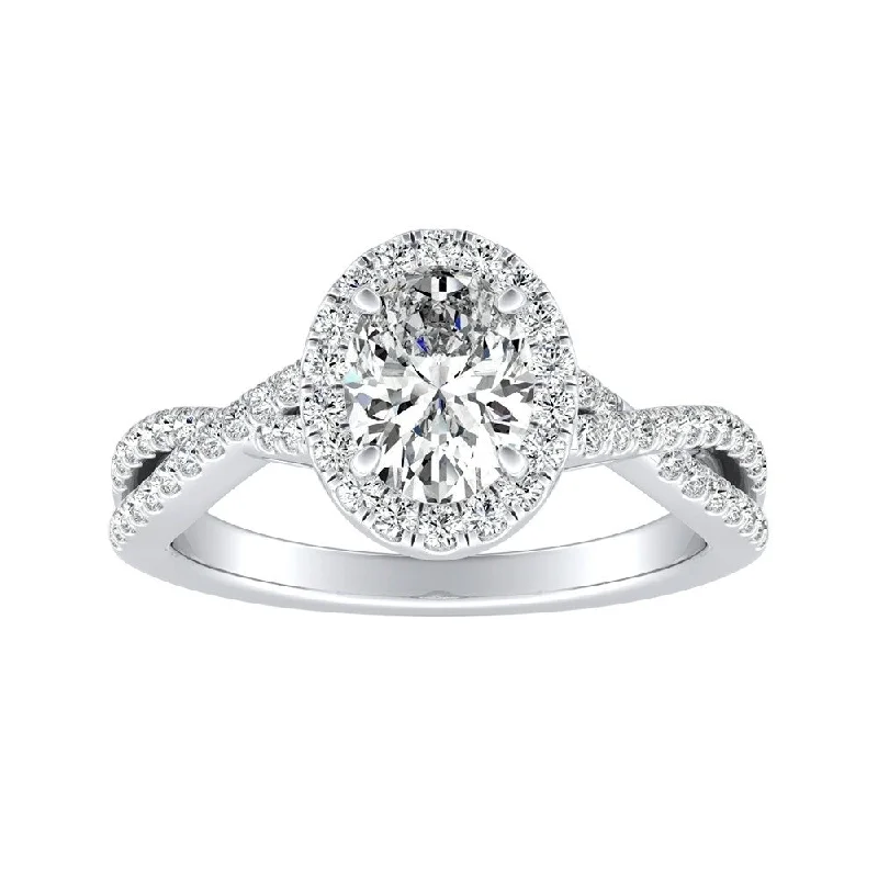 Twisted Oval-cut 3/4ctw Halo Diamond Engagement Ring 14k Gold by Auriya (I-J, I1-I2)