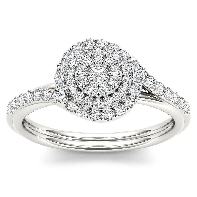 De Couer 10k White Gold 1/2ct TDW Diamond ByPass Double Halo Engagement Ring - White H-I