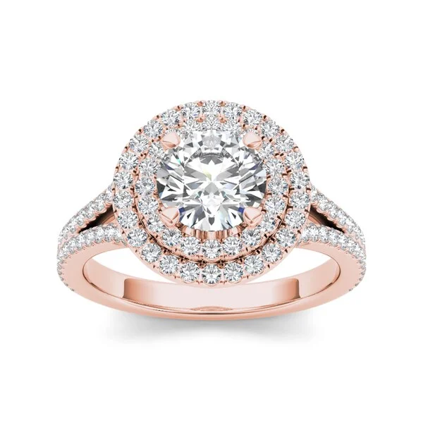 De Couer 14k Rose Gold 1 1/2ct TDW Diamond Double Halo Engagement Ring - Pink