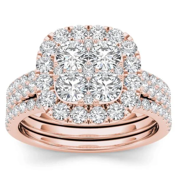 De Couer IGI Certified 14k Rose Gold 2ct TDW Diamond Halo Engagement Ring Set with Two Bands - Pink