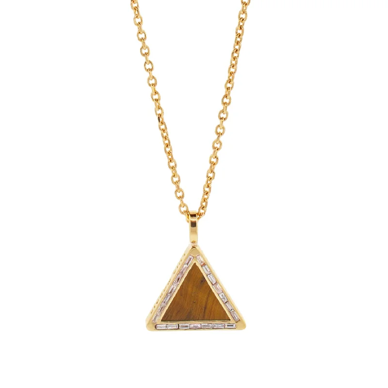 Tiger's Eye Triangle Pendant Necklace with Diamond Baguettes